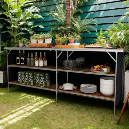 GVN Aluminum Portable Picnic Table with 2-Tier Open Shelves and Spacious Tabletop-Coffee