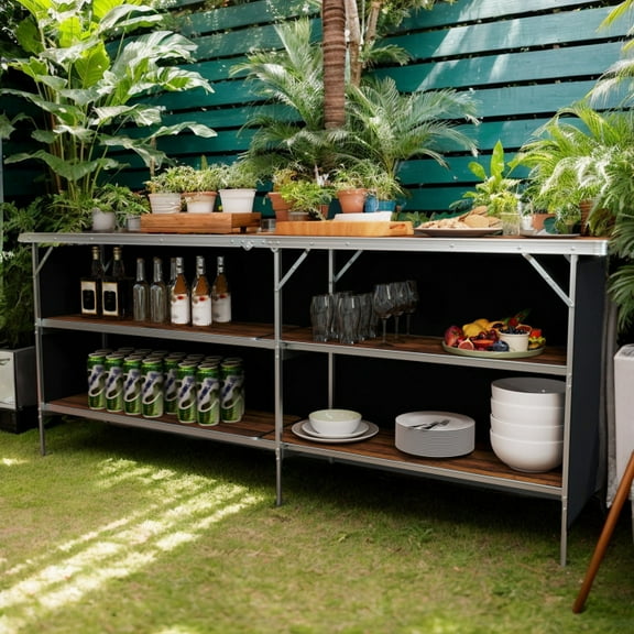 GVN Aluminum Portable Picnic Table with 2-Tier Open Shelves and Spacious Tabletop-Coffee