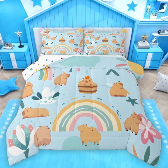 Castle Fairy 2-Piece Twin Size Comforter Set - Capybara Rainbow Cute Animal Print