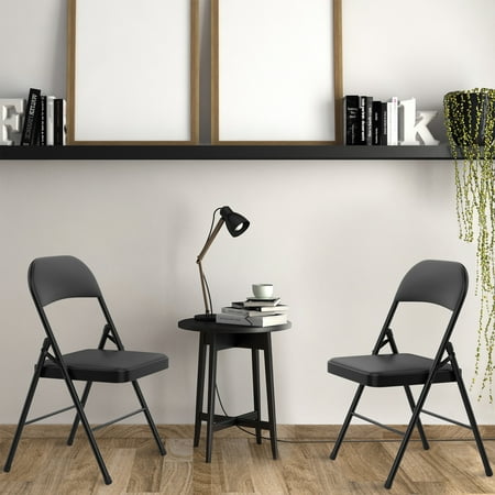 Folding Cushion Chairs Folding Chairs– Foldable Steel Seat with Double Brace and Upholstered Vinyl Cushion for Indoor or Outdoor Use by Lavish Home (Black, 2 Pc) ()