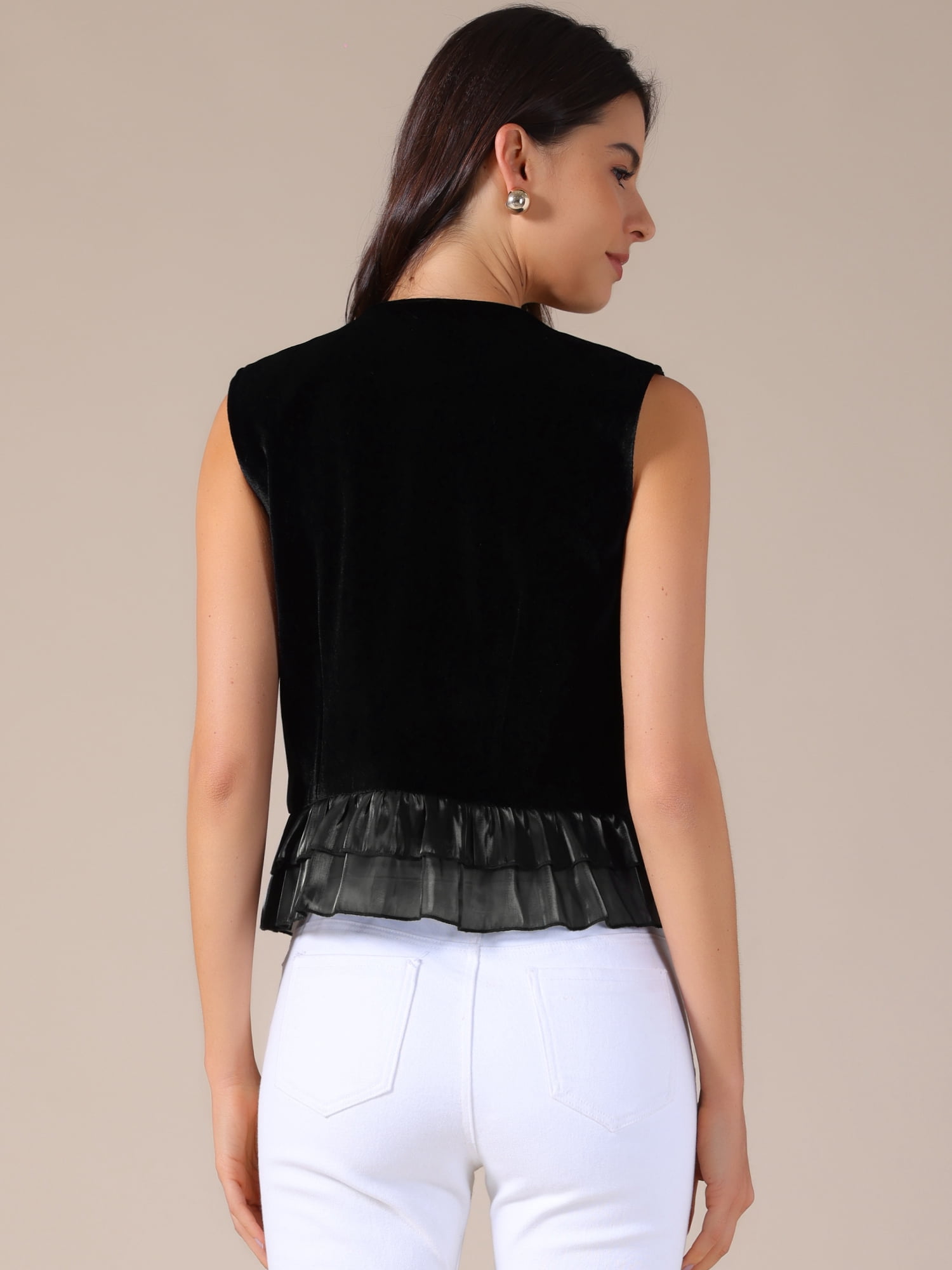 DARING DIVA Women's Vintage Mesh Hem Sleeveless Button Down Velvet Vest S Black