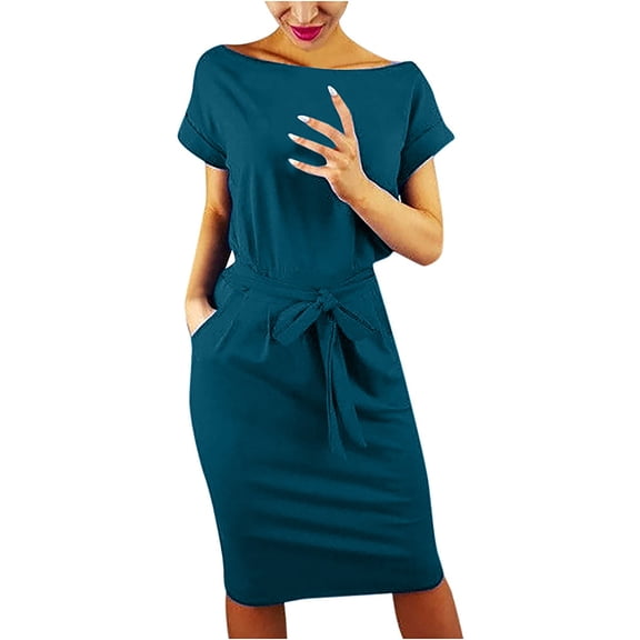 Homenesgenics Maxi Dresses for Women Women's Striped Elegant Short Sleeve Wear To Work Casual Pencil Dress with Belt