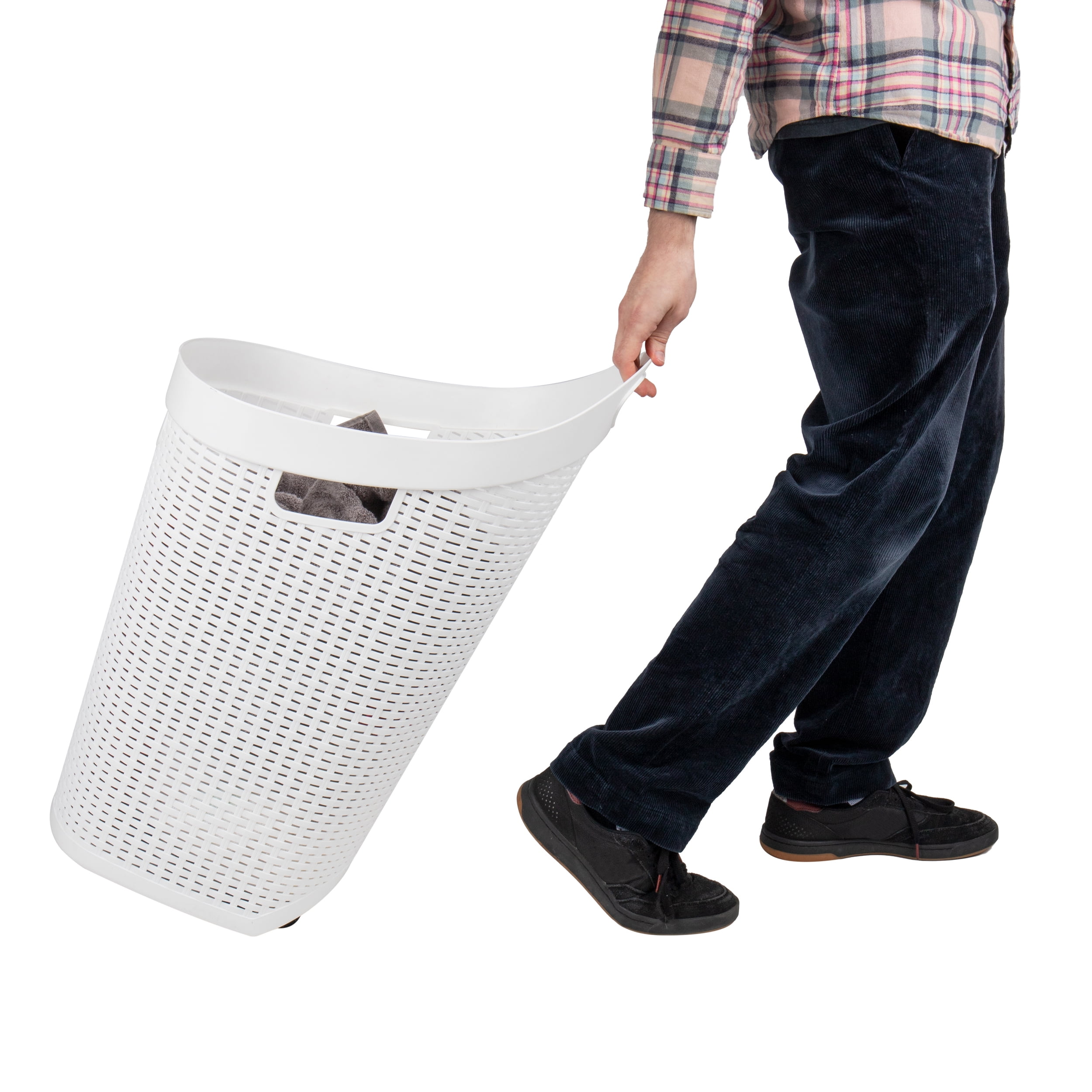 Mind Reader 60L Rolling Laundry Hamper, Clothes Basket, Lid, Wheels, Wicker Style, Plastic, 19.5"L x 14.75"W x 29.25"H, White