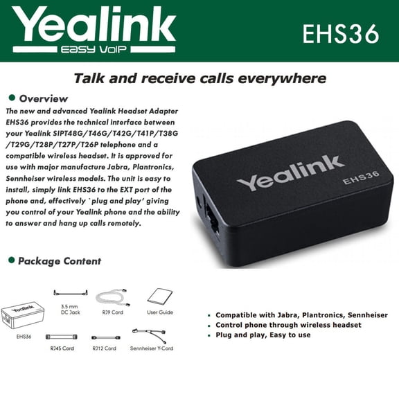 Yealink EHS36 IP Phone Wireless Headset Adapter