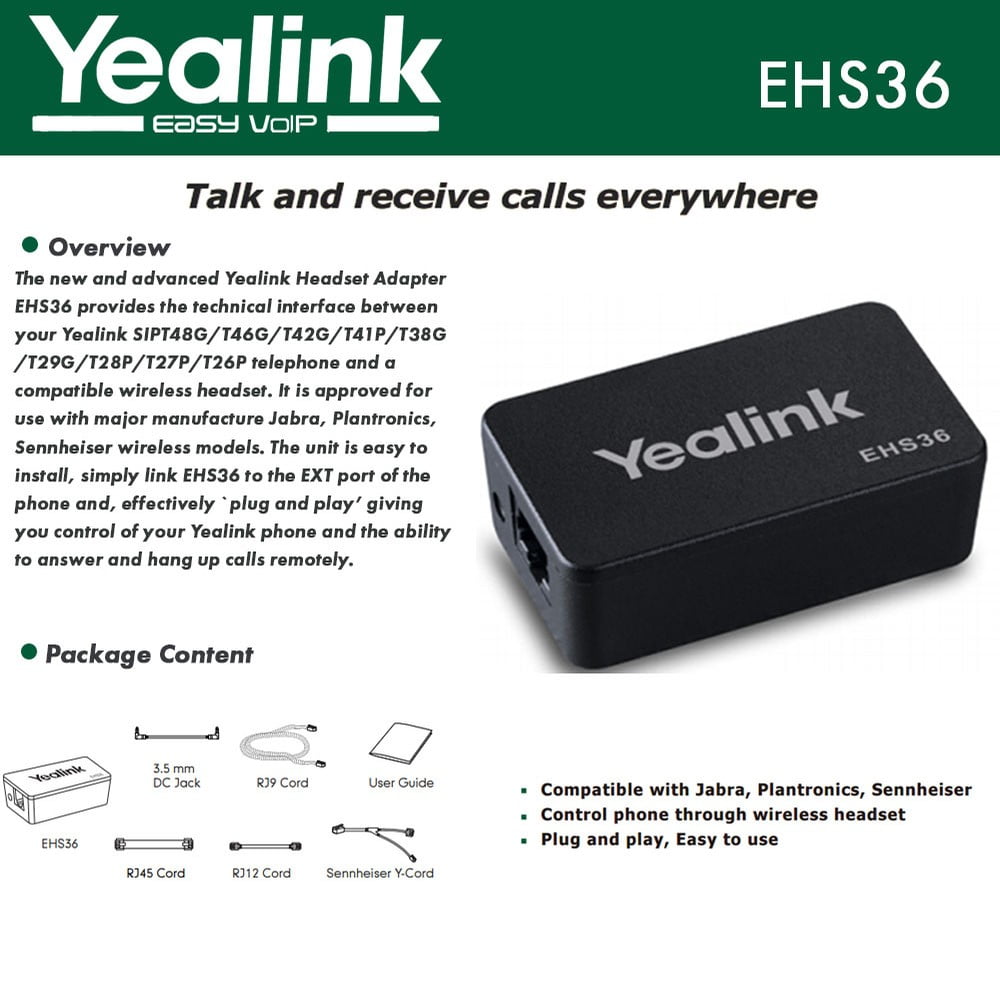 Yealink EHS36 IP Phone Wireless Headset Adapter