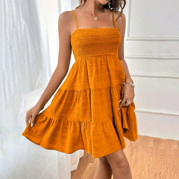 Business Casual Dress For Women,Women's Spaghetti Strap Smocked Tiered Dress, Casual Summer Sundress, 2025 Vacation Trendy Pick Orange L