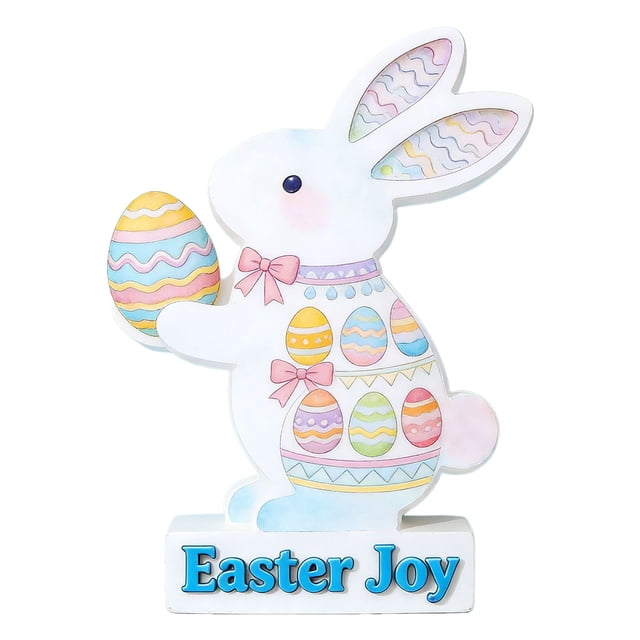 YWIYIUD 1PC Wooden Easter Rabbit Table Decorations Easter Hand Painted Rabbit Ornaments Tabletop Centerpieces Tiered Tray Decor for Spring Easter Indoor Home Party Patio Yard Decor 6.5inch