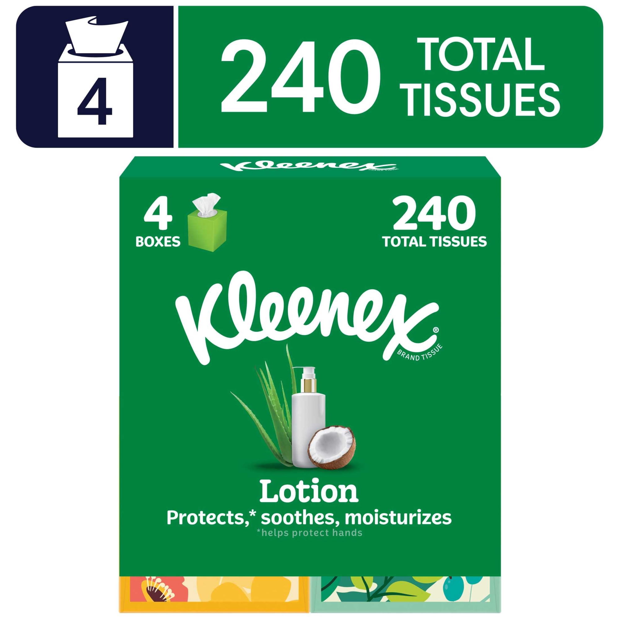 Kleenex Lotion with Coconut Oil 3-Ply Cube Box Facial Tissues, 4 Pack (240 Total Tissues)