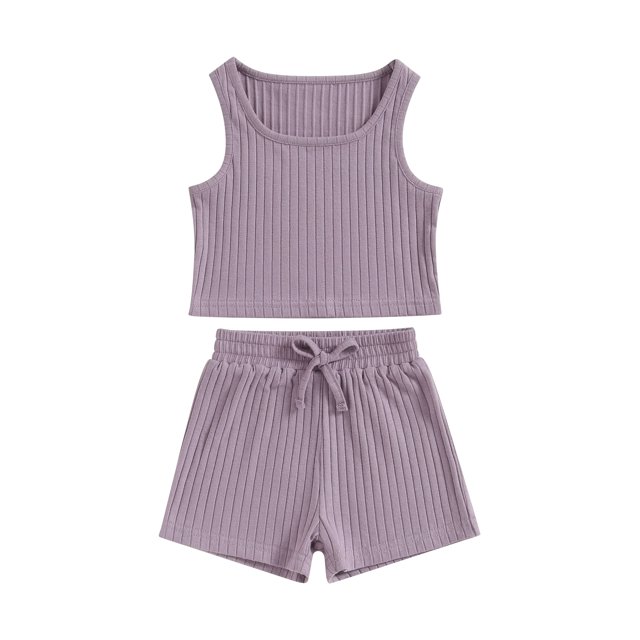 SUNSIOM Kids Girl Summer Outfits Solid Color Sleeveless Rib Knit Tank Tops Elastic Waist Shorts 2Pcs Clothes Set