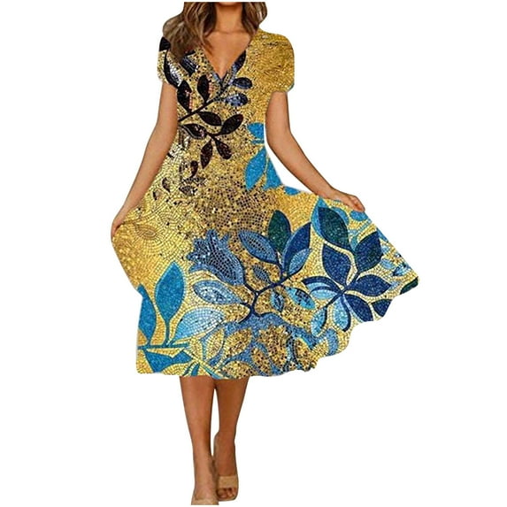 DTBPRQ Women's Plus Size Maxi Dress Casual Summer Boho Floral Print Dress V Neck Short Sleeve High Waist Long Maxi Beach Dresses