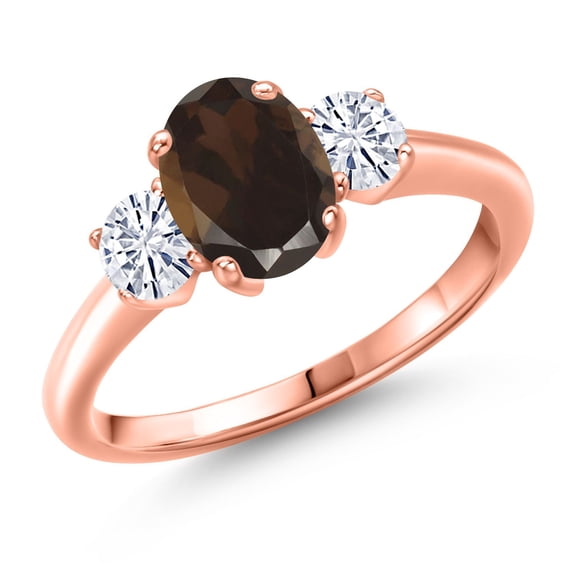 Gem Stone King 18K Rose Gold Plated Silver Ring Smoky Quartz Moissanite (1.66 Cttw)