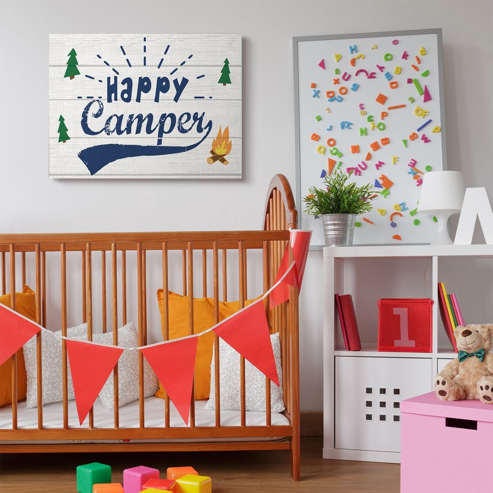 Stupell Industries Bright Rustic Sign Happy Camper Phrase Nature Activities Canvas Wall Art Design by Daphne Polselli