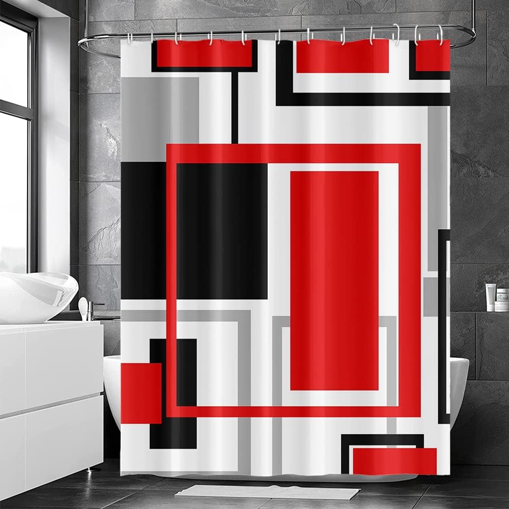 SPXUBZ Red and Black Shower Curtain Modern Abstract Geometric Squares