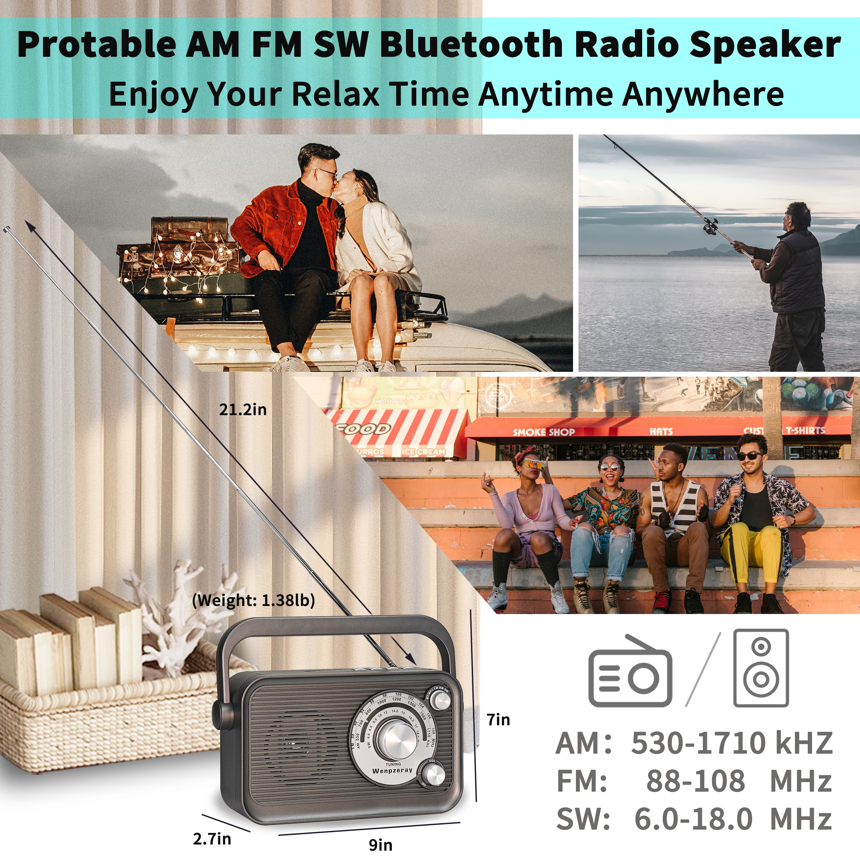 Retro Portable AM FM Shortwave Radio, Easy Tuning Big Knob Bluetooth Speaker Type-C Charging Wenpzeray D218(Grey)