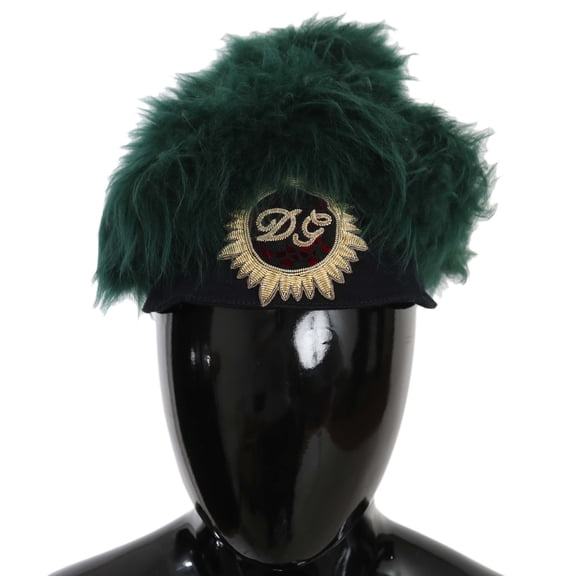 Dolce Gabbana Green Fur DG Logo Embroidered Cloche Hat