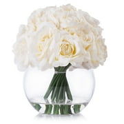 Enova Home Artificial Flowers 21 Heads Silk Roses Fake Flowers Arrangement in Round Clear Glass Vase with Faux Water for Home Office Wedding Decoration (Cream)