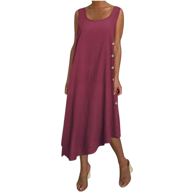 QIPOPIQ Robe d'Été 2024 pour Femme Nouvelle Robe Soleil Coton Lin Couleur Unie Bouton Robe Évasée Irrégulière Jupe Longue Liquidation