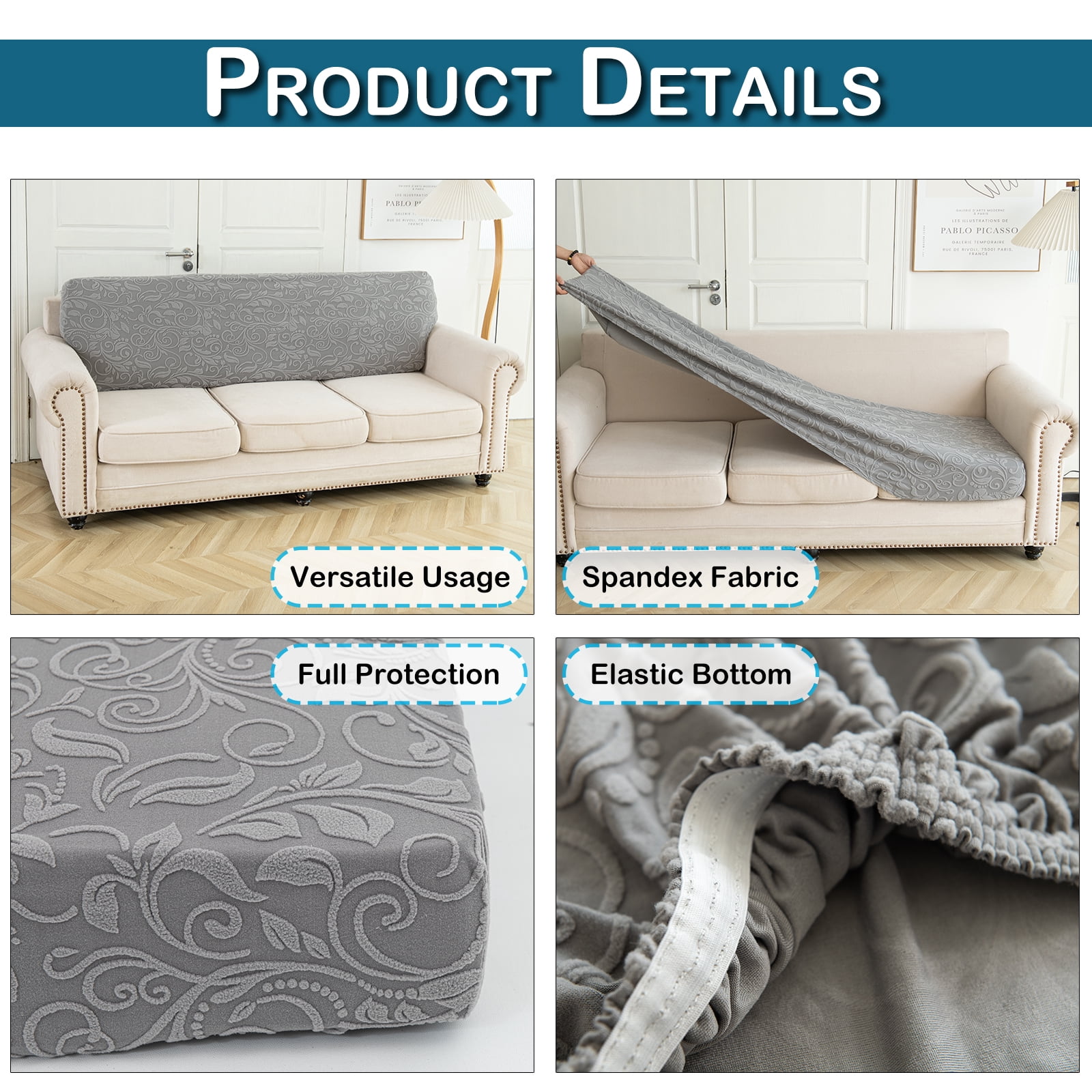 Lapalife Floral Jacquard Couch Cushion Cover, 1 Piece Sofa Cover Stretch Rectangle Sofa Seat Cover Furniture Protector with Elastic Bottom, 3 Seat