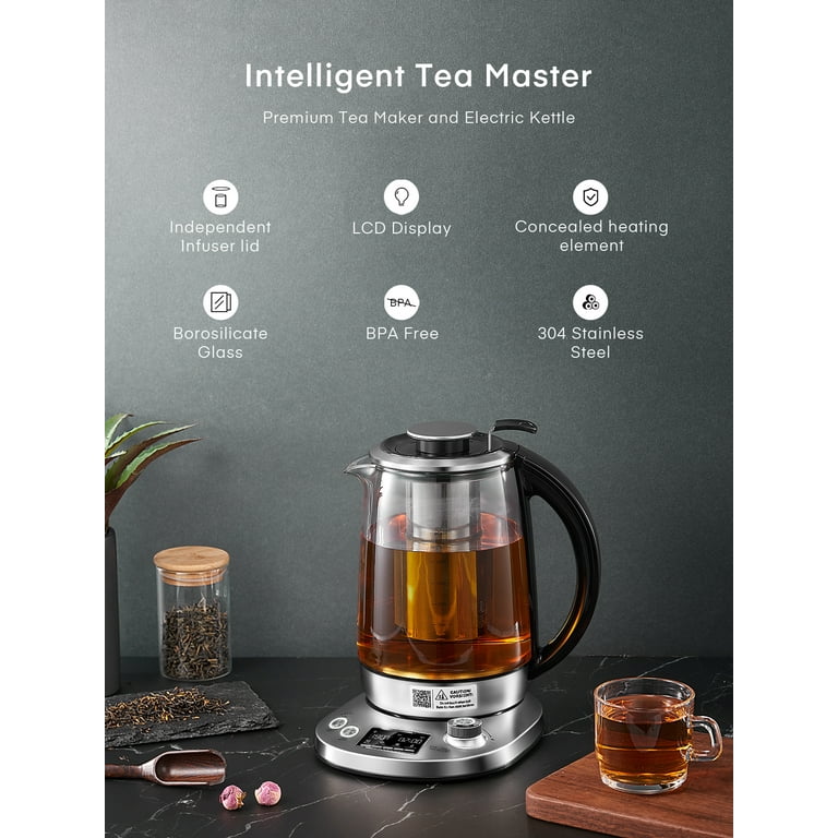 FOHERE Electric Tea Kettle, Electric Kettle Temperature Control with 9  Presets, 2Hr Keep Warm, Removable Tea Infuser,Silver Stainless Steel Glass  Boiler, BPA Free, 1.7L 