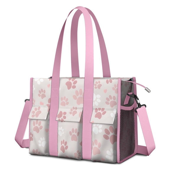Teacher Tote Bag,Pink Dog Paw Teacher Utility Tote Bag,Large Work Tote Bags for Women with Multiple Pockets,Top Zipper Closure,13.8x10.6x6.7 Inch