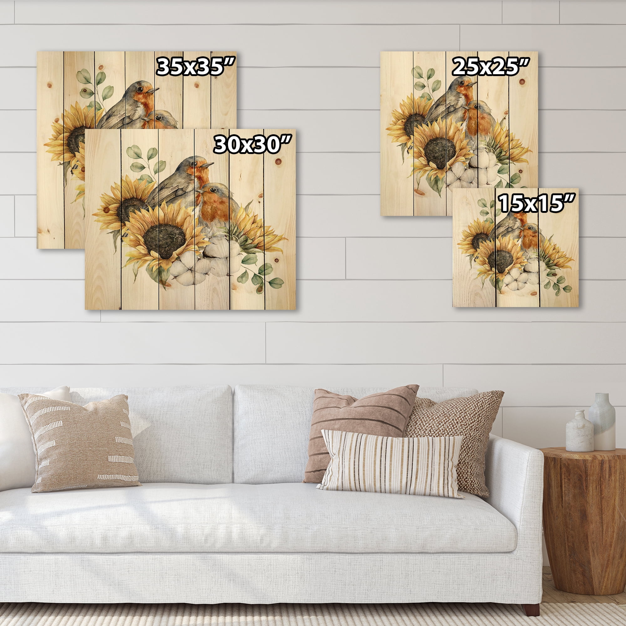 Designart 'Autumn Bouquet With Robin Redbreasts Sunflowers Cotton' Traditional Print on Natural Pine Wood