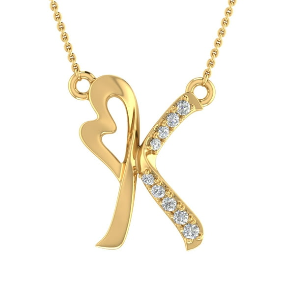 0.06 Carat Diamond Heart Initial K Letter Pendant Necklace in 14K Yellow Gold (with Silver Chain)