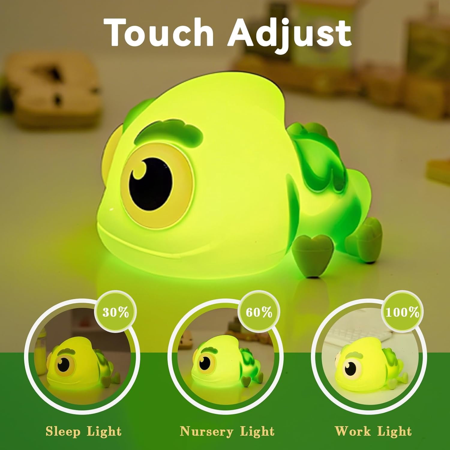 CATPAN Big Head Chameleon Night Light for Kids, Cute Green LED Lizard Light for Baby Nursery Gifts for Boys and Girls, 3 Level Tap Adjust Silicone Chameleon Lamp Rechargeable Kids Lamp with Timer