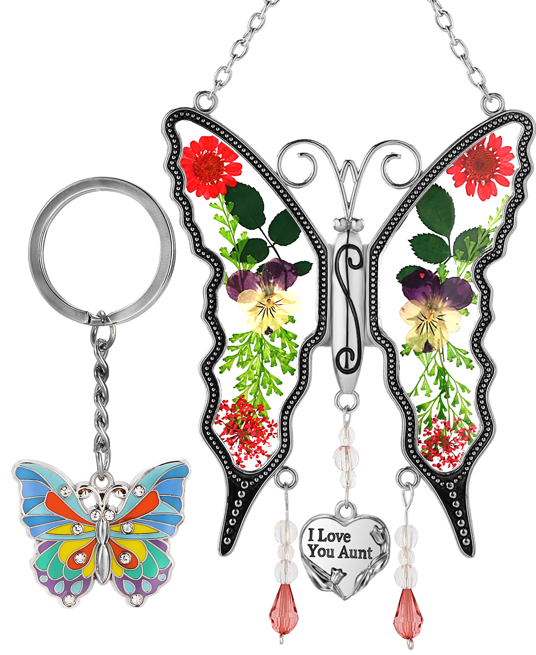 I Love You Aunt Butterfly Suncatchers& Blue Butterfly Keychain Silver Zircon & Stained glass and really flower material Color box packing Make Happy Mother's Day Gifts for Aunt Birthday Christmas