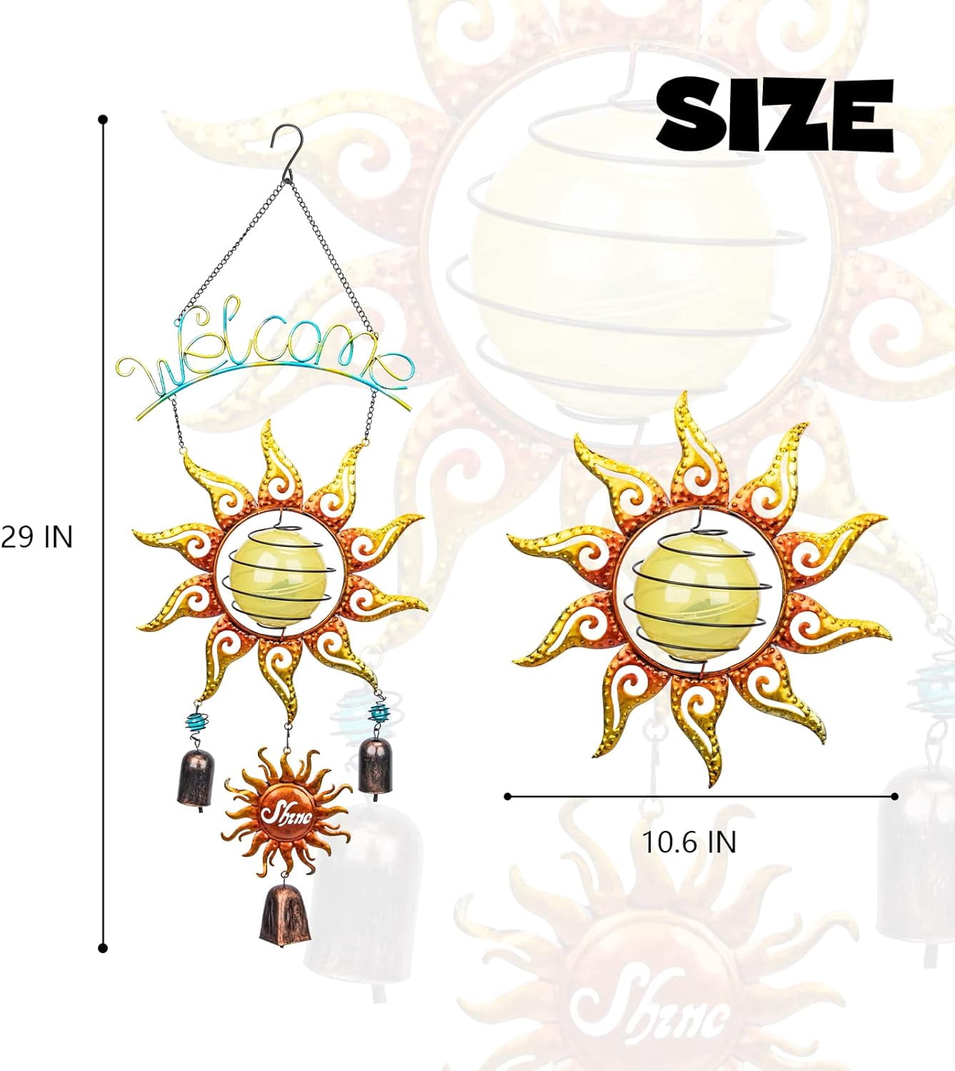 Outdoor Solar Wind Chime, Sun Image Decoration, Hanging Solar Wind Chime, Metal Bell, Deep And Soothing Tone, Suitable For Patio, Garden, Perfect Gift