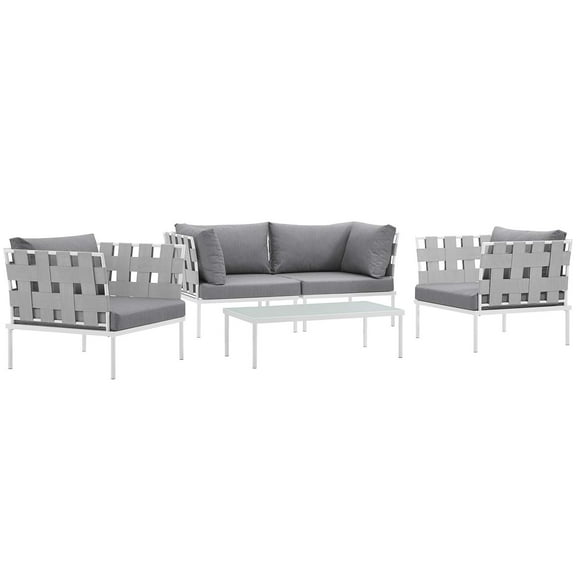 Modern Contemporary Urban Design Outdoor Patio Balcony Five PCS Sectional Sofa Set, Grey White Gray, Rattan