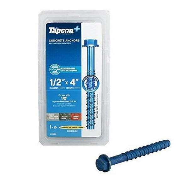 Buildex Tapcon 11420 Concrete Screw Anchor, 1/2 in Dia, 4 in L, Steel, Zinc Blue - pack of 10