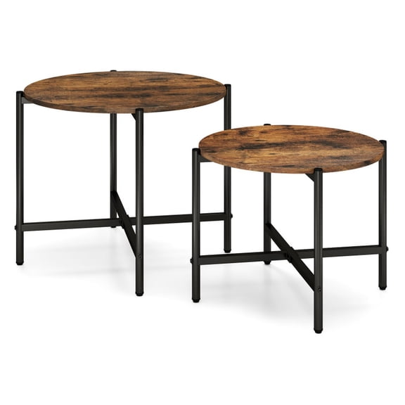 Furnibear Round Coffee Table Set of 2, Nesting End Tables with Heavy-Duty X-Shaped Metal Frame for Living Room, Rustic Brown