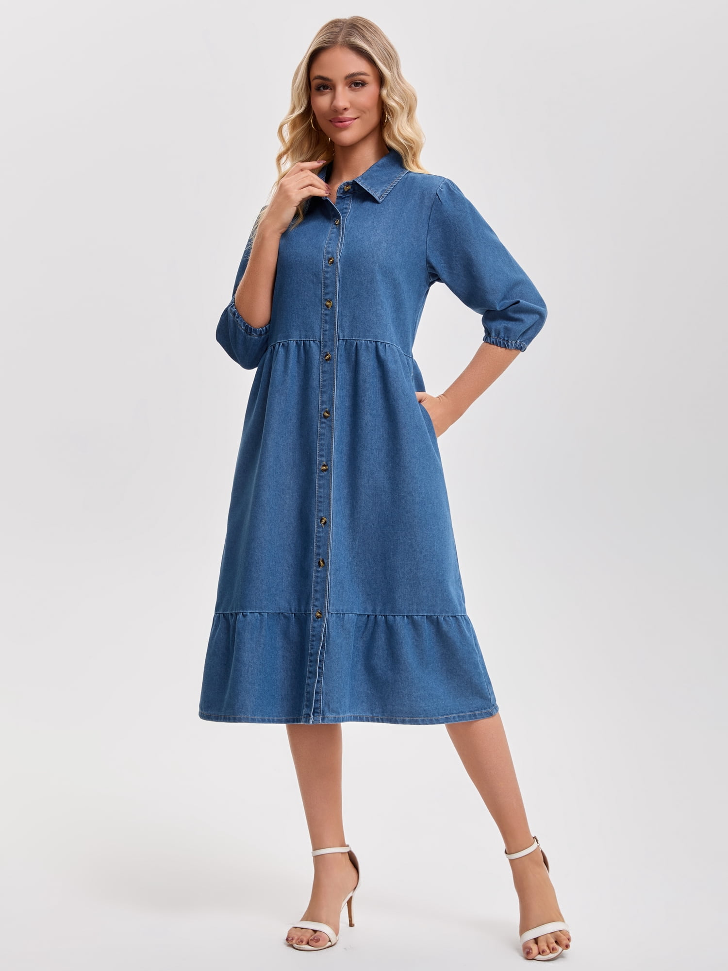DARING DIVA Women's 3/4 Sleeve Button Down Collar Swing Tiered Dress XL Blue