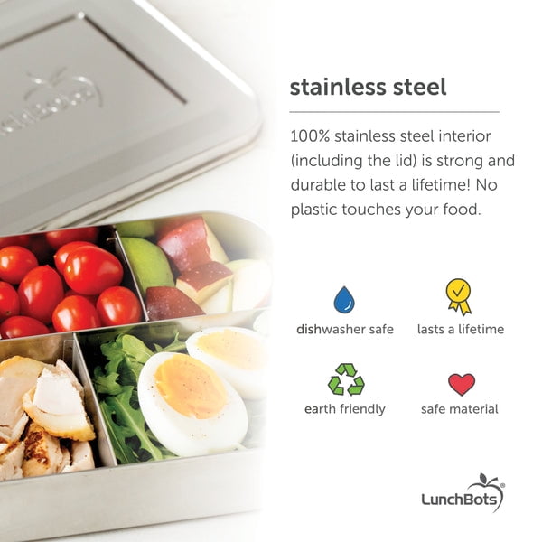 LunchBots Large Cinco Stainless Steel Lunch Container - Five Section Design Holds a Variety of Foods - Metal Bento Box - Dishwasher Safe - Stainless Lid - Stainless Steel
