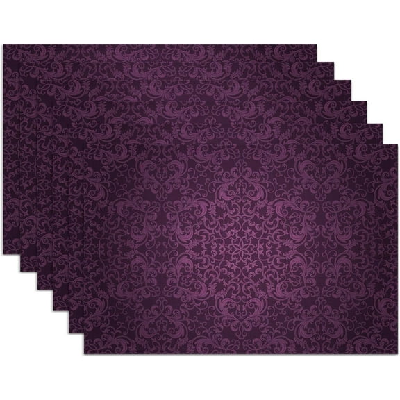 Purple Placemats Set of 6,Eggplant Color Mandala Floral Design Place Mats, Washable Heat Resistant 12×18 Inch Linen Table Mats for Kitchen Dining, Boho Home Decor