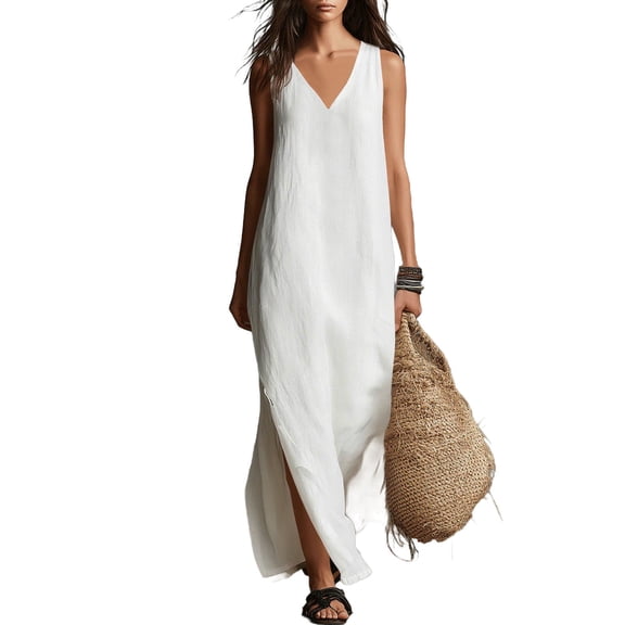 HAiming Women's Cotton Linen Maxi Dresses V Neck Sleeveless Solid Color Classic Dresses Summer Vacation Dresses with Side Slit
