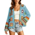 thumbnail image 3 of Otvok Long Sleeve Boho Crochet Sweater Cover Up, Women Granny Square Floral Open Front Hollow Knit Cropped Cardigan, 3 of 7