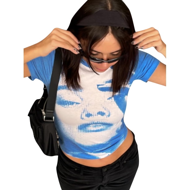 VISgogo Camiseta de mujer, cuello redondo, manga corta, estampado de retrato, tops de verano para uso diario informal VISgogo moda