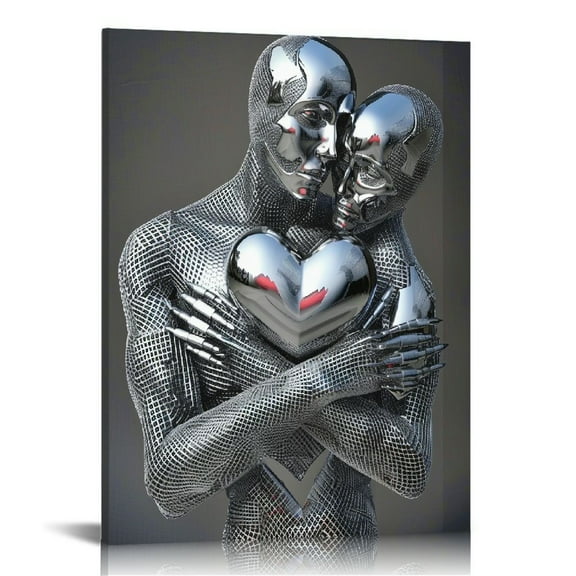 JEUXUS Bedroom Wall Decor,Framed Romantic Couple Living Room Canvas wall art,Love Heart Sculpture Effect,Black and White Modern Abstract hug Lovers Painting Picture Poster Prints for Bathroom Hotel