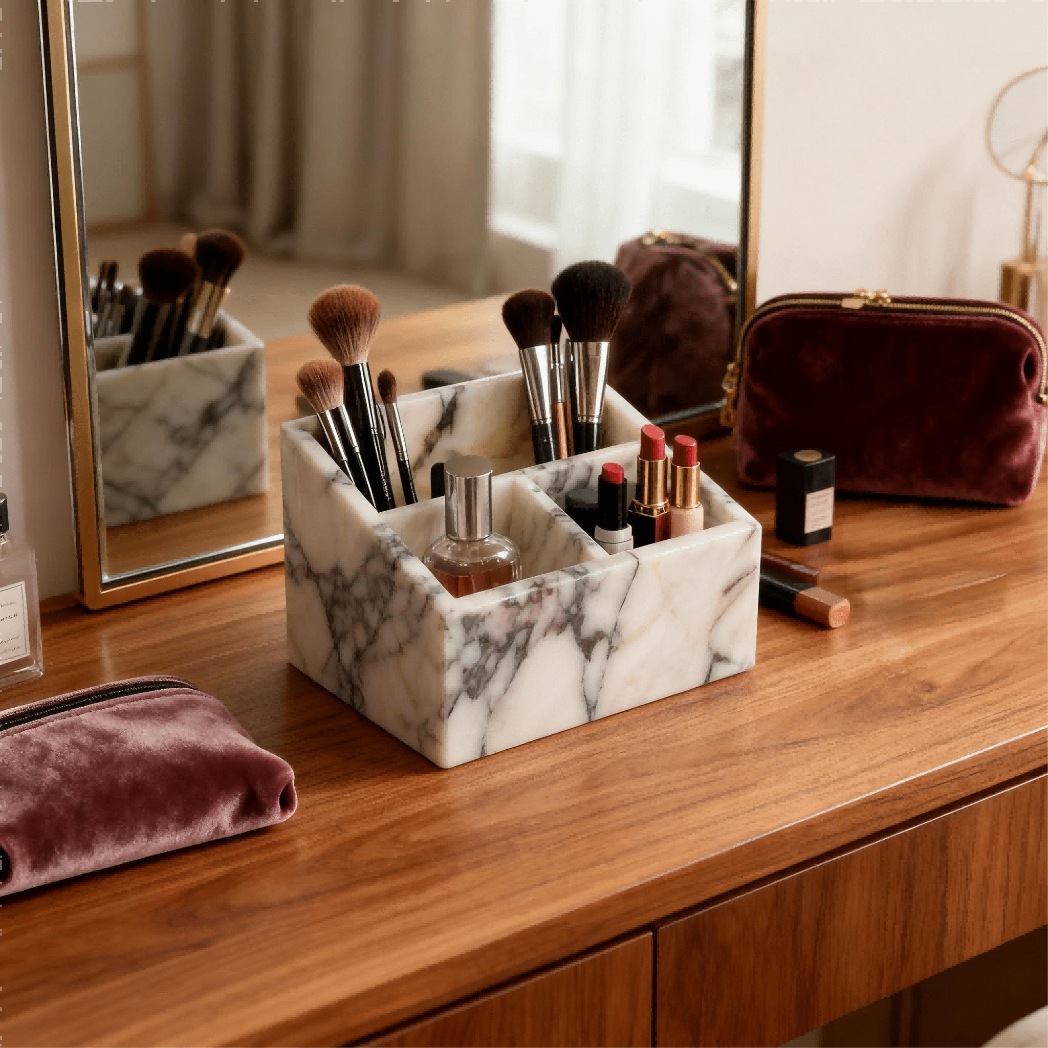 Calacatta Viola Marble Storage Organizer with Compartments - Multi-Purpose Desktop, Natural Stone Vanity Bathroom Office Kitchen Tray