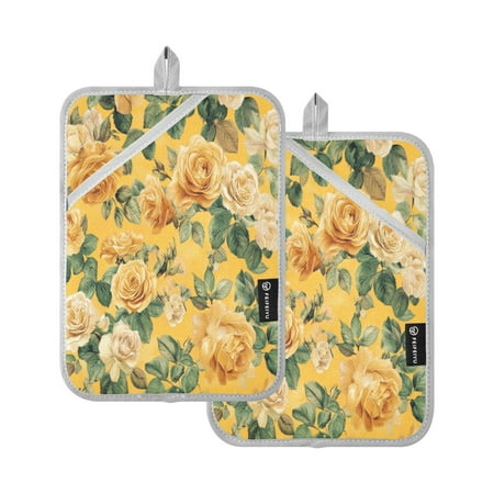

Two Pieces Of Square Heat Insulation Pad Oven Mitts 7x9.8 Inch Oven Microwave Kitchen Cooking Baking Pretty Yellow Rose