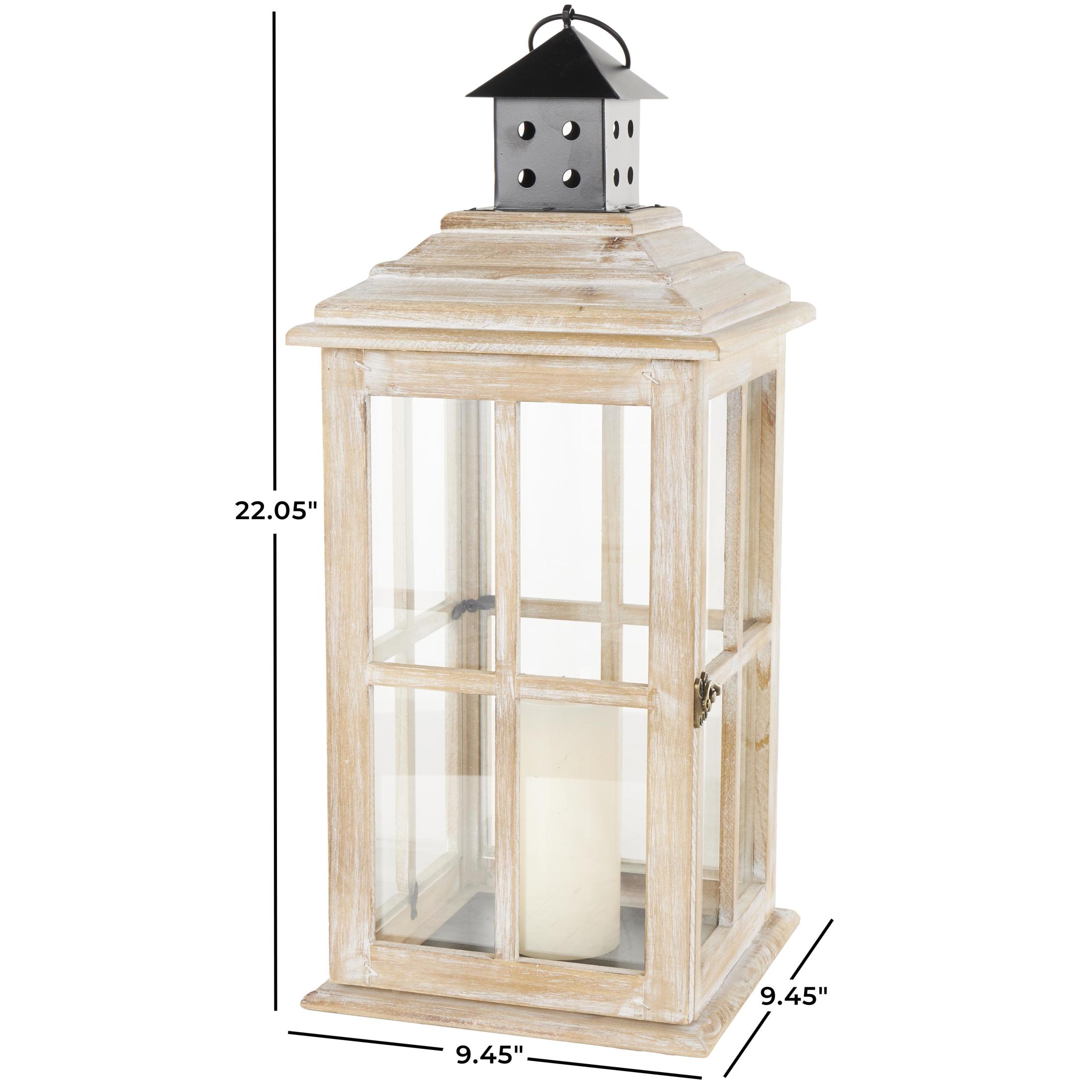 DecMode Light Brown Wood Light House Decorative Candle Lantern with Black Ring Handle