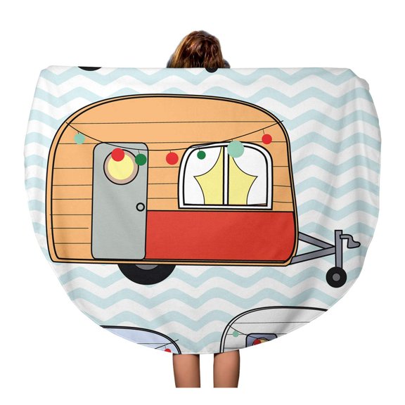 SIDONKU 60 inch Round Beach Towel Blanket Colorful Cute Adorable Caravan Camper Van Pastel Doodle Cartoon Travel Circle Circular Towels Mat Tapestry Beach Throw