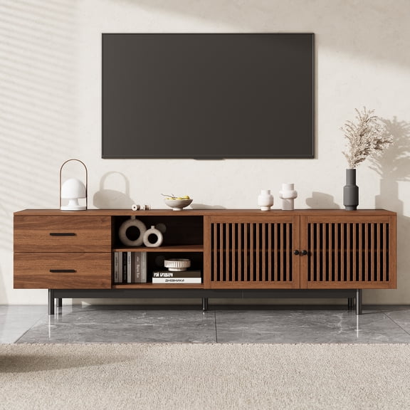 78" Modern TV Stand for TVs up to 85", Entertainment Center with Solid Wood Legs, Media Console with Deep Drawers, Cable Management & Soft-Close Hinges for Living Room, Walnut