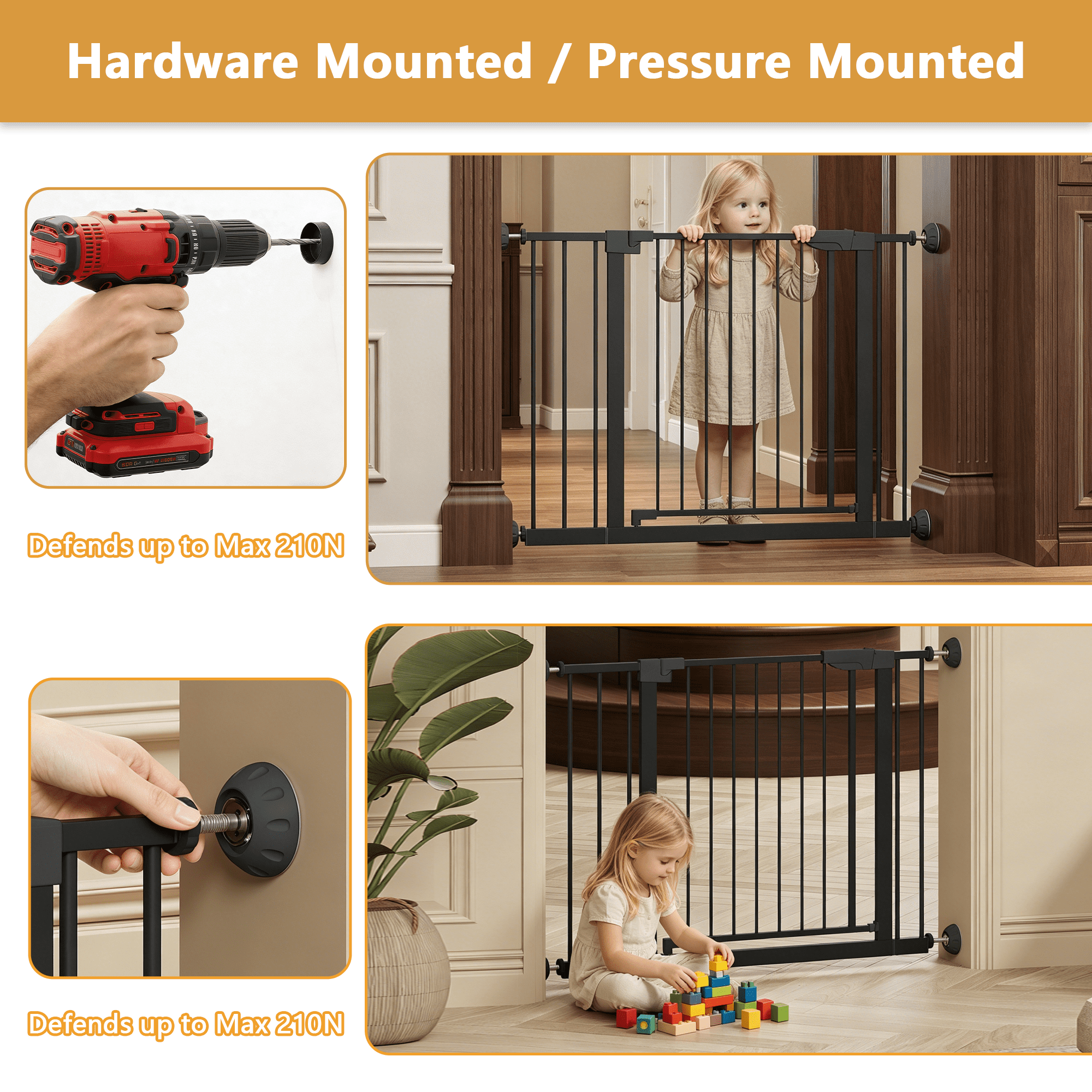 Black Pressure Mounted Baby & Pet Gate 29.5"-45.3" Wide with Wall Protector, No Drill Walk Through Safety Gate for Doorways & Stairs