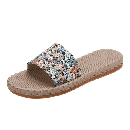 

QYZEU Calf High Boots for Women Heel Plaid Womens Slippers Boots Ladies Fashion Small Floral Cloth Surface Open Toed Straw Woven Flat Bottom Beach Slippers
