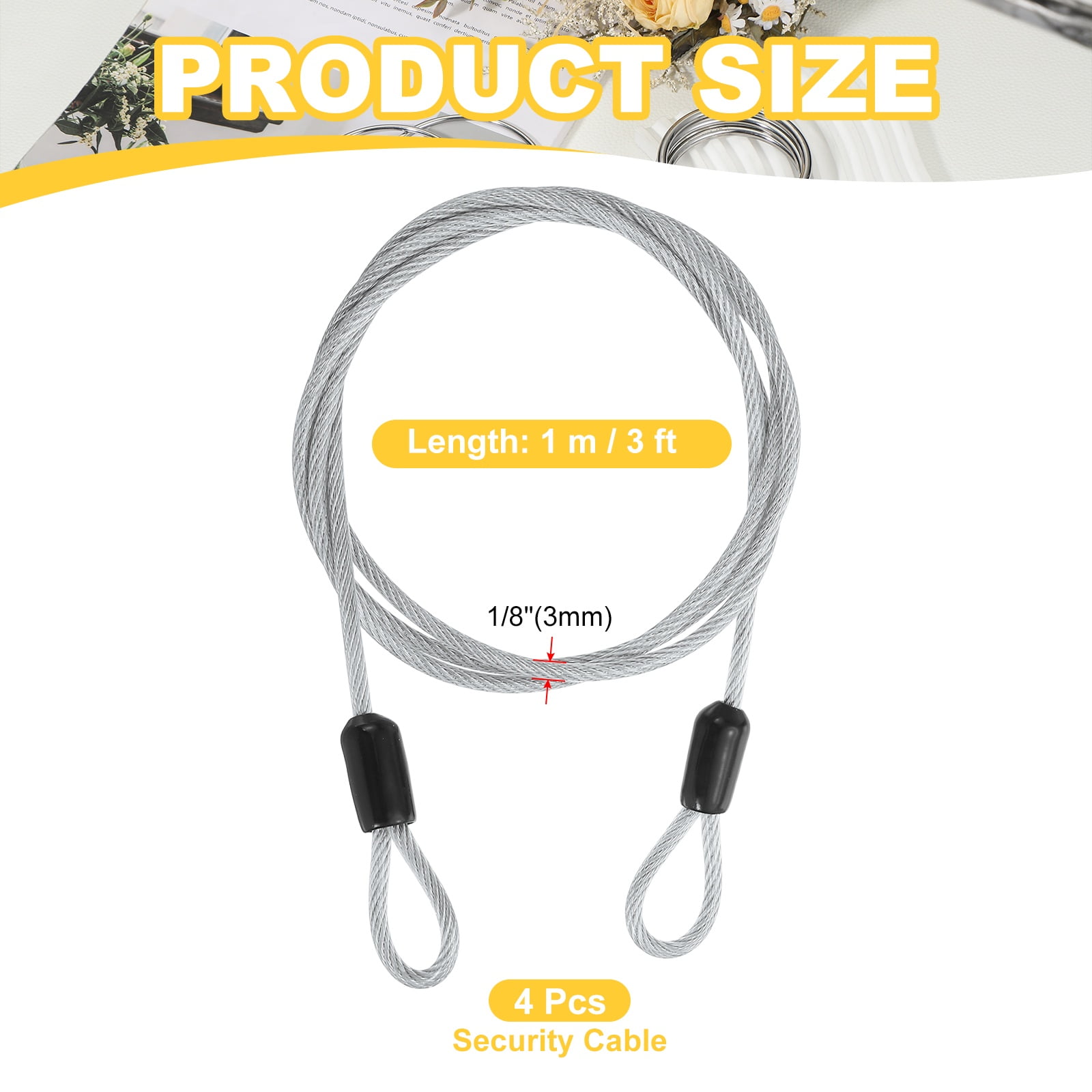 Uxcell Security Cable Braided Stainless Steel Coated Safety Wire Rope with Double Loop for Travel Luggage Bicycle Lock Cable Transparent 3 ft x 1/8"(3mm)