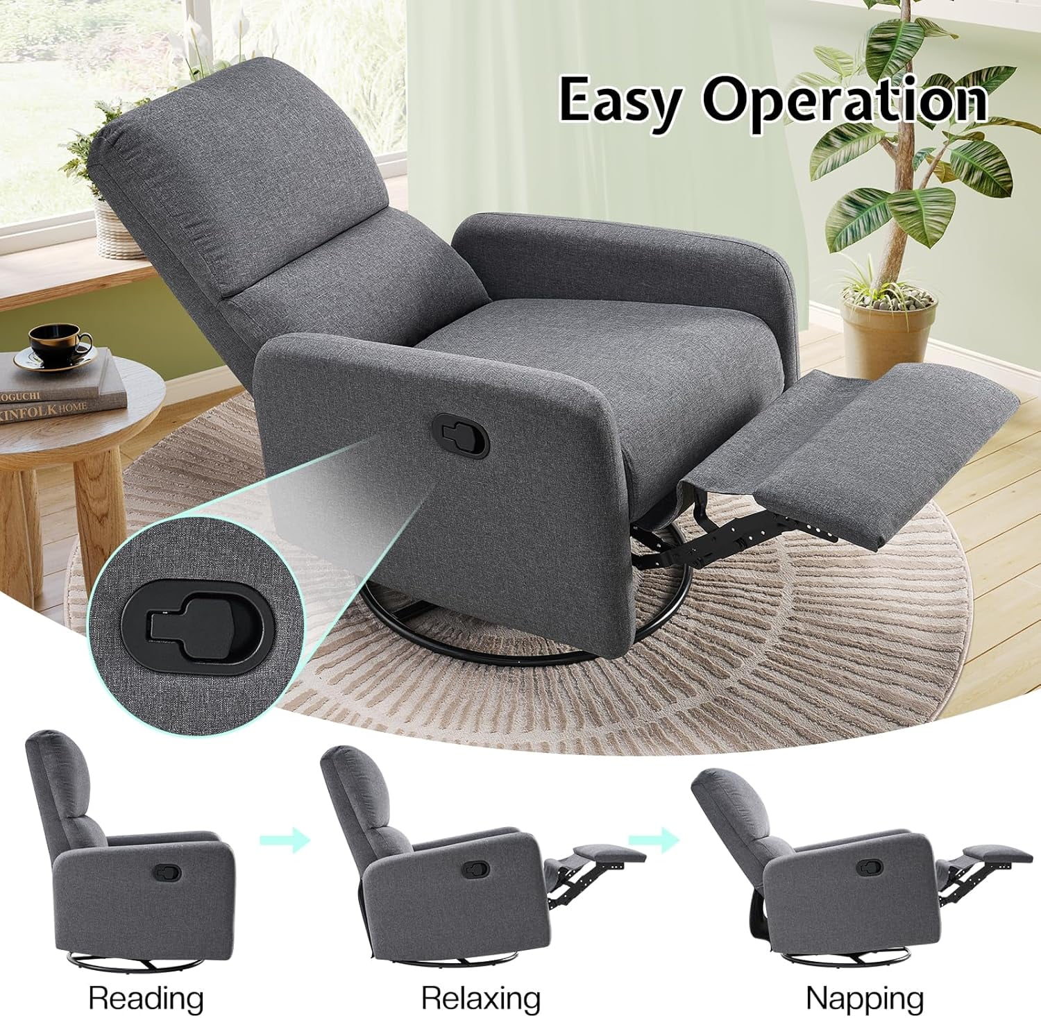 Jocisland Swivel Glider Rocking Recliner Chair for Adults, Nursery Rocker Reclining,  Upholstered Single Sofa Armchair for Living Room Bedroom Nursing, Linen Gray
