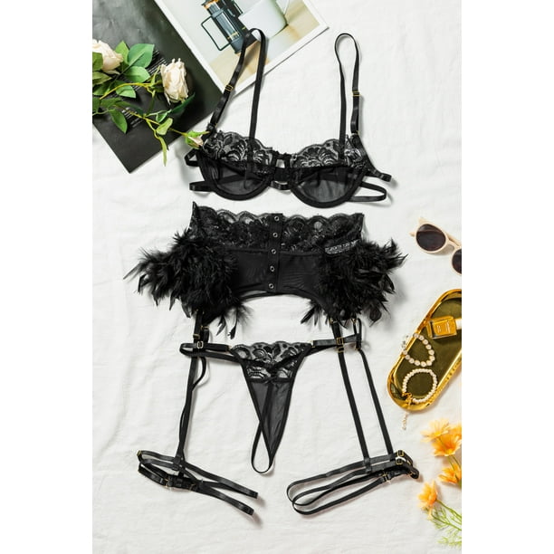 ABPHQTO Conjunto de lencería de malla de encaje negro de 3 piezas para mujer con liguero de plumas