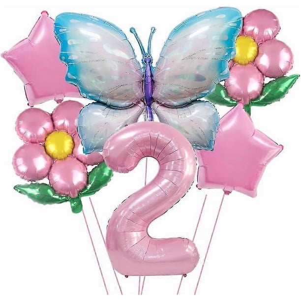 2nd Birthday Decoration Butterfly Balloons,Pink Blue Butterfly Fairy Flower Foil Balloons for Girls 2nd Birthday Party Decoration Baby Shower Supplies